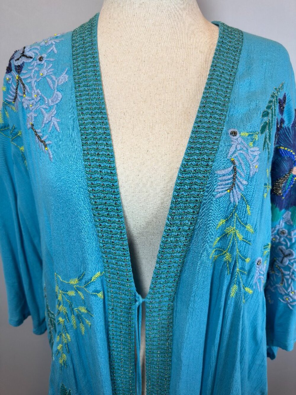 Chico’s Special Edition Embroidered Beaded Turquoise Ruana Duster Kimono S/M - Picture 2 of 16